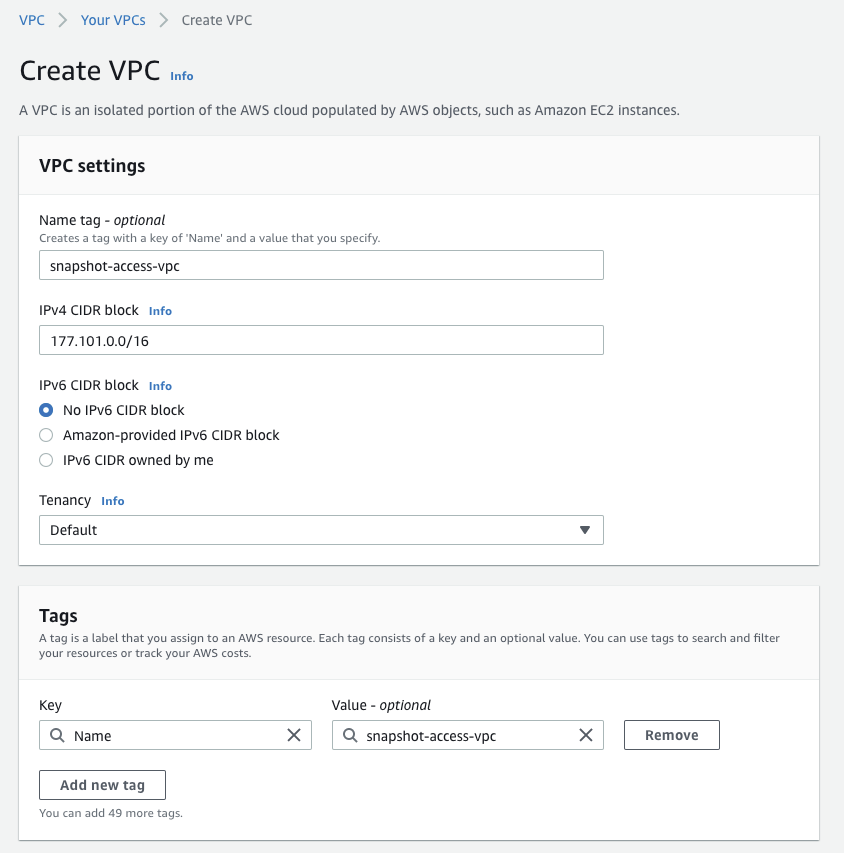 Screenshot of creating a VPC