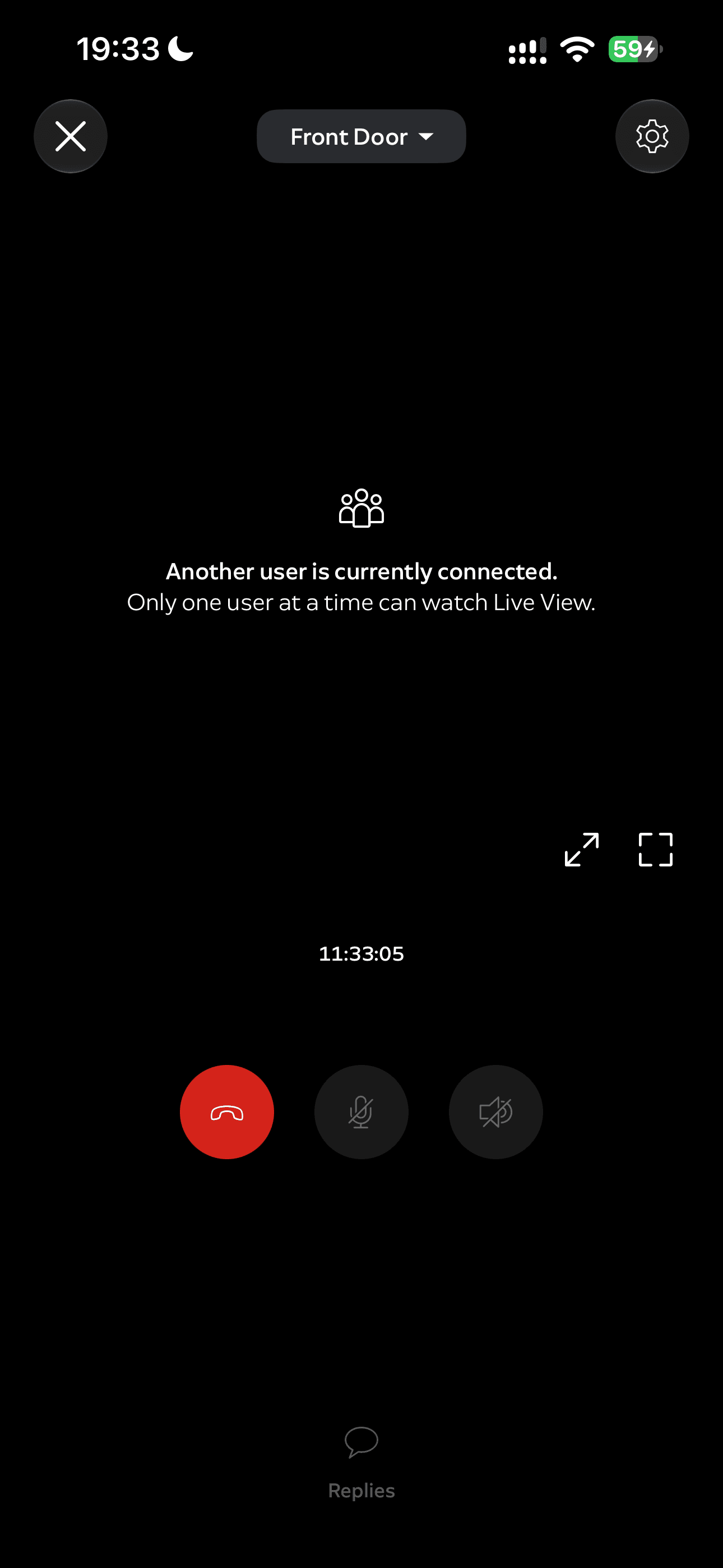 Live View showing "Another user is currently connected. Only one user at a time can watch Live View."