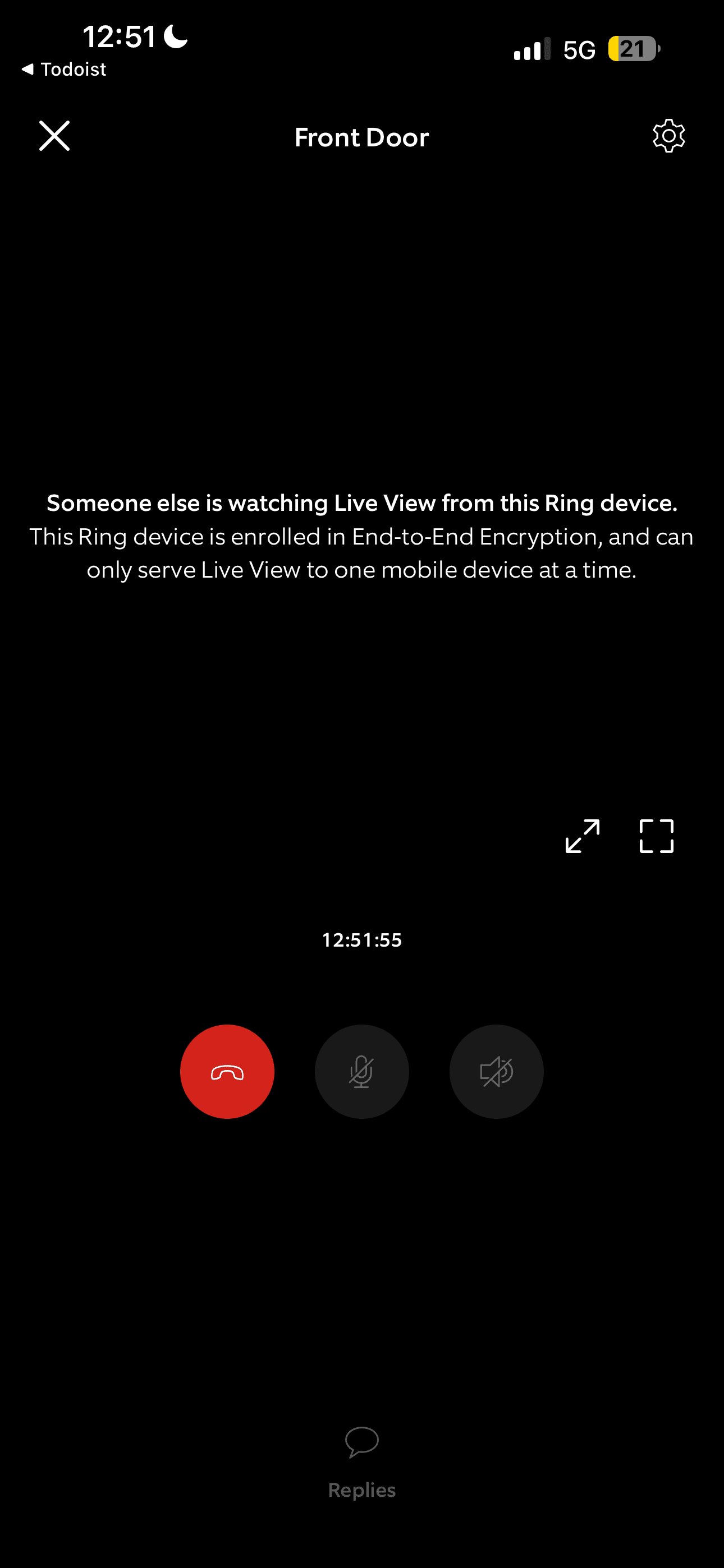 Live View showing "Someone else is watching Live View from this Ring device. This Ring device is enrolled in End-to-End Encryption, and can only serve Live View to one mobile device at a time."
