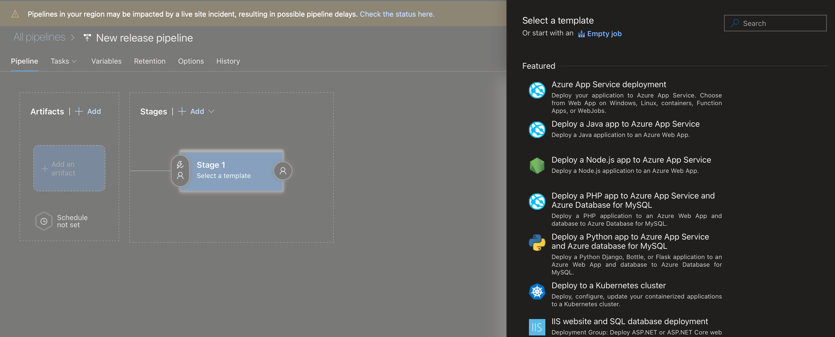 Empty Azure Pipeline job with an interface to select a template. We chose to start from scratch with an empty job.