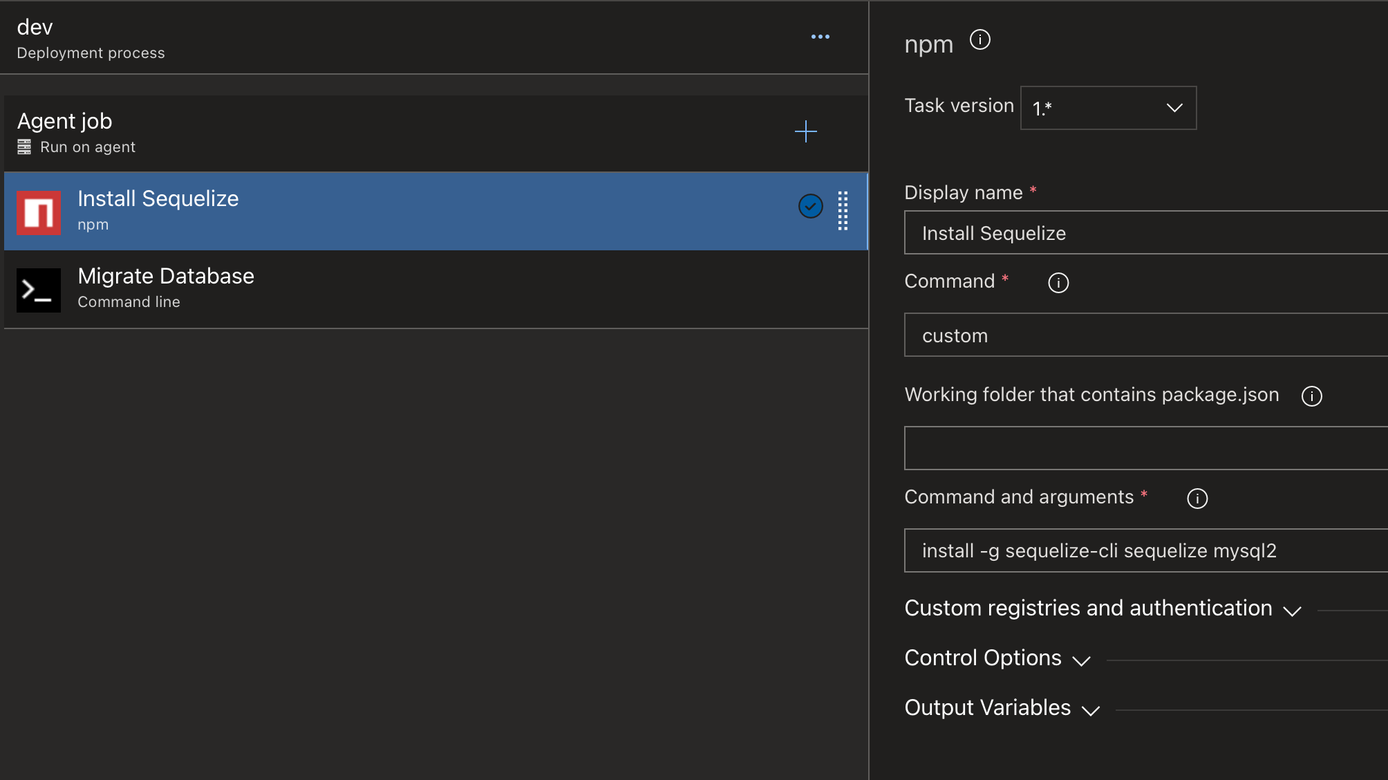 An azure pipeline task with a configured job to install sequelize and other dependant packages required to run the migrations on the command line. The dependencies are installed globally with NPM.