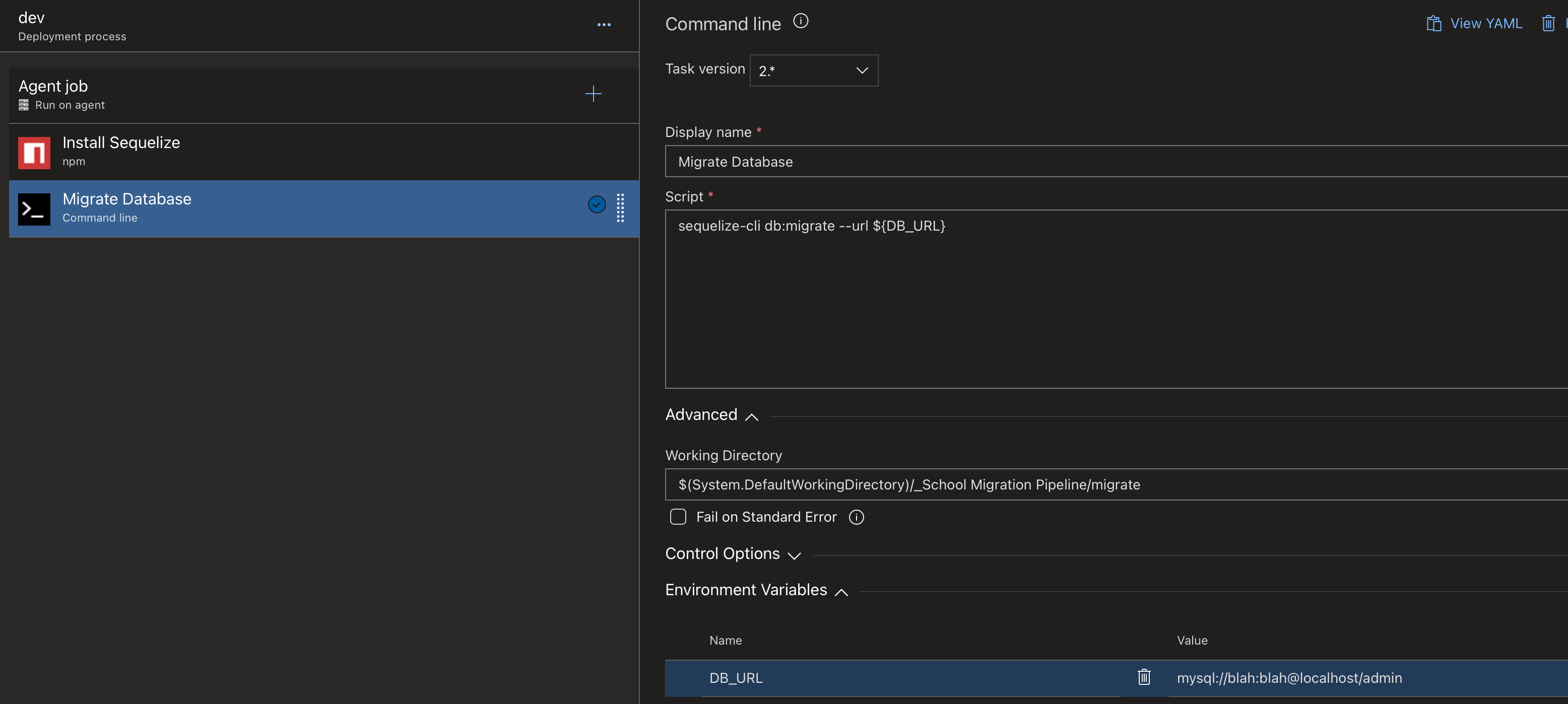 An azure pipeline task with a configured job running the sequelize command to migrate the database. It shows the working directory and an environment variable of DB_URL.