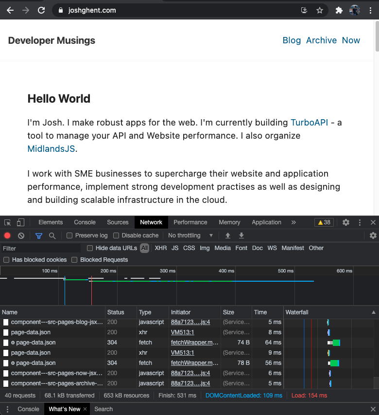 Screenshot of my website with chrome developer tools showing the impact of caching assets